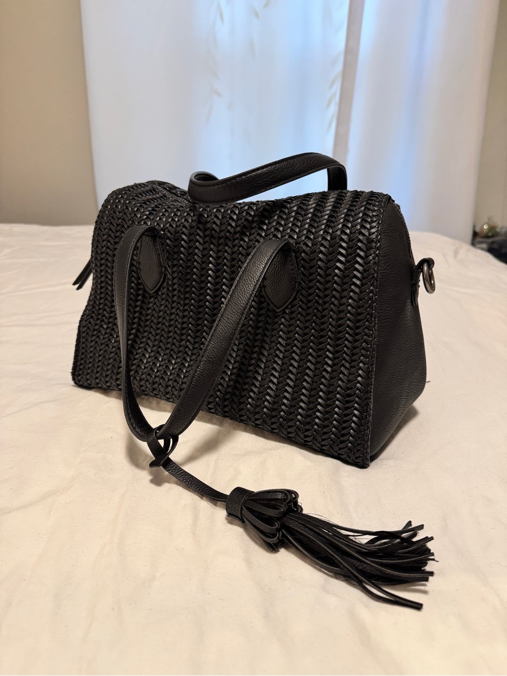 Black Woven Satchel Handbag with Tassel
